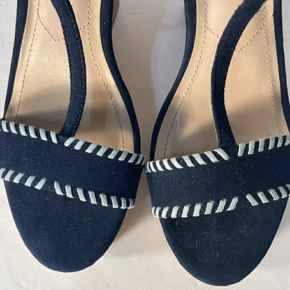 Charles David SZ 9.5 Denim Blue Suede Ankle T-Strap Cork Wedges